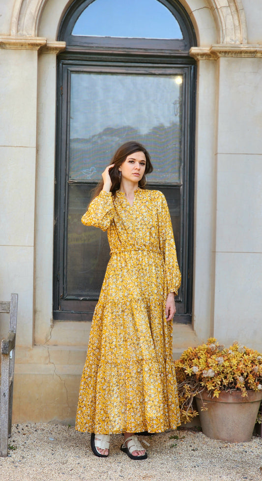 Floral Mustard Tiered Dress