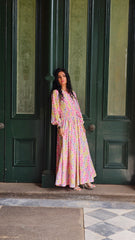 Fluorescent Floral Shirred Waist Dress
