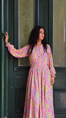 Fluorescent Floral Shirred Waist Dress