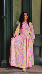 Fluorescent Floral Shirred Waist Dress