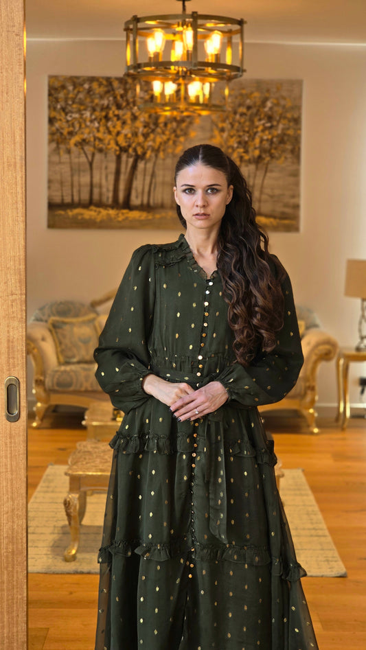 Olive Gold Frill Detail Maxi Dress