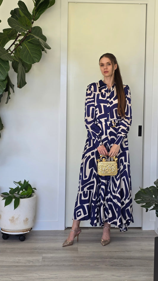 Purple And Off White Abstract Shirt Dress