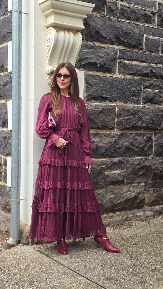 Burgundy Tiered Cascade Dress