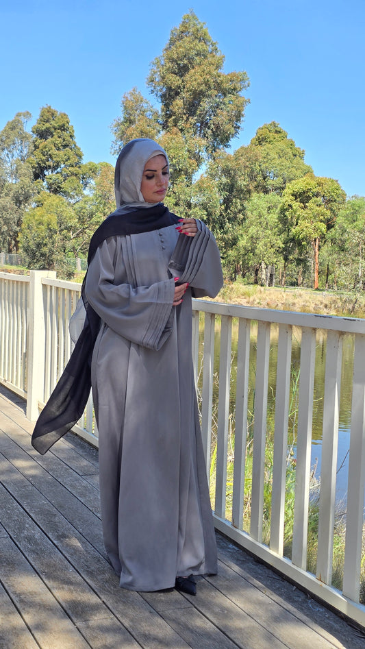 Pleated Grey Closed Abaya