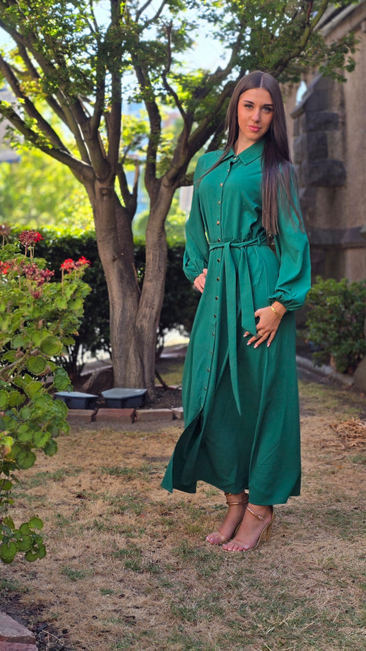 Forest Green Everyday Elegance Gold-Button Shirt Dress