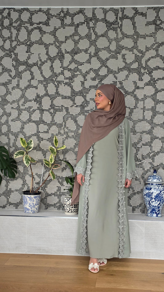 Sage Lace Abaya Set
