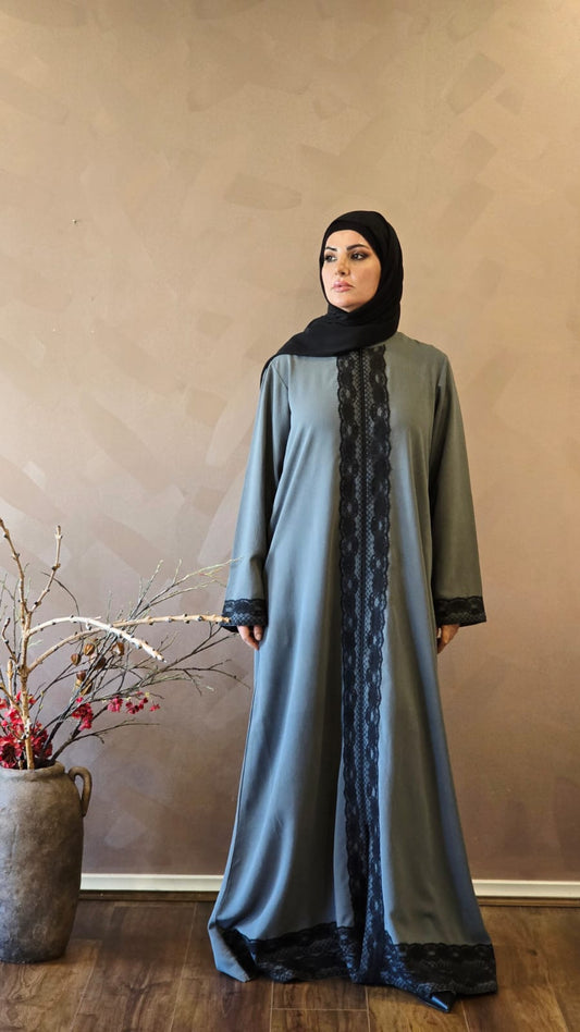 Dark Grey Abaya with Black lace