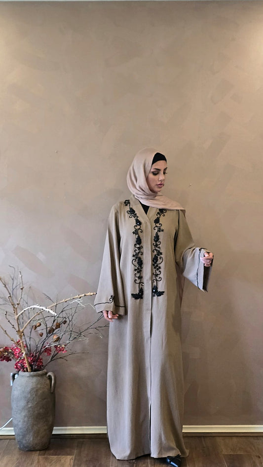 Beige Beaded Embroidered Abaya