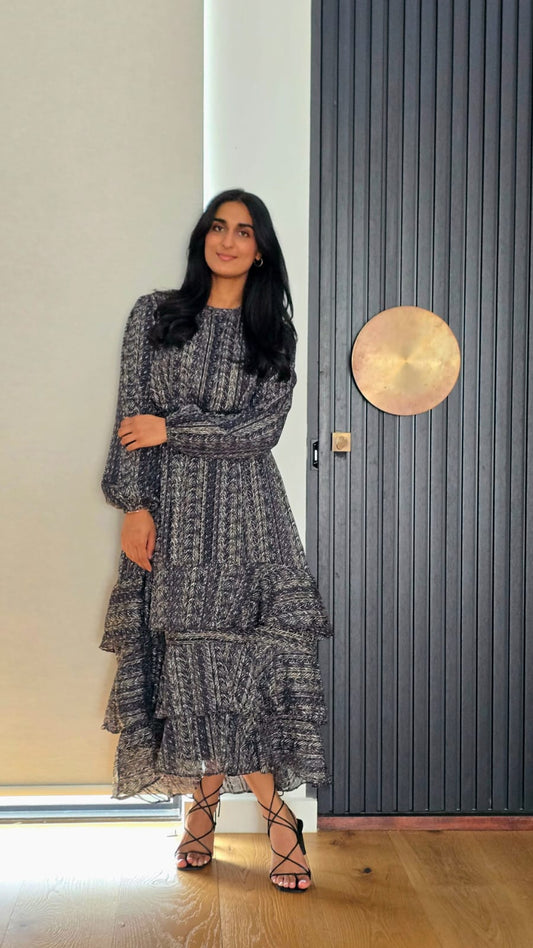 Midnight Mosaic Ruffle Maxi Dress