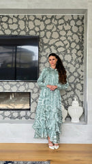 Sage Green Animal Print Ruffle Maxi Dress