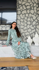 Sage Green Animal Print Ruffle Maxi Dress