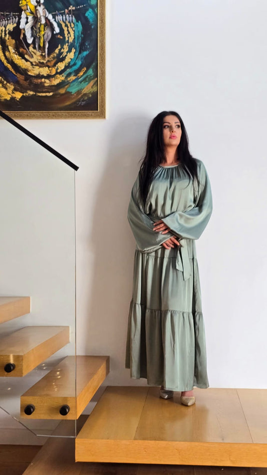 Sage Green Satin Tiered Dress