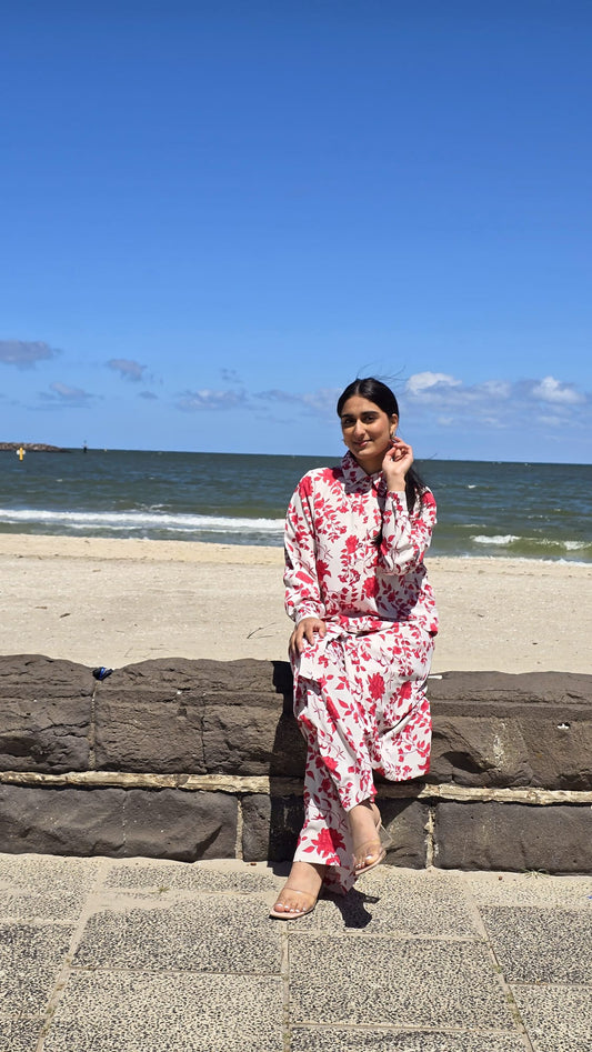 White and Red Floral Long Coord Set