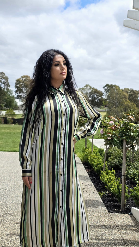 Green Striped Satin Long Coord Set