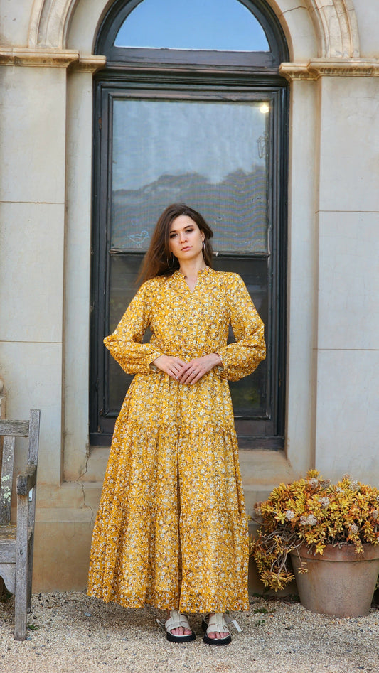 Floral Mustard Tiered Dress