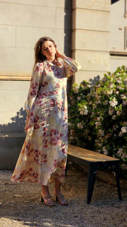 Cream Floral Lurex Dress