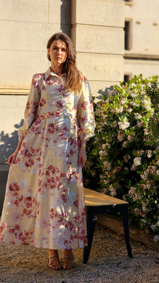 Cream Floral Lurex Dress