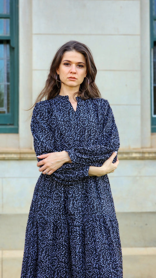 Black And White Speckled Tiered Dress