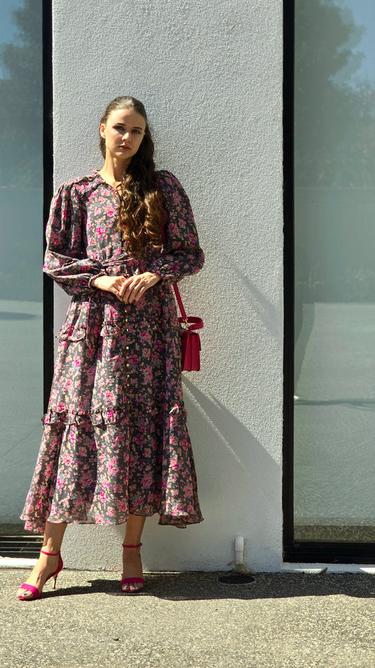Pink Roses On Grey Frill Detail Dress