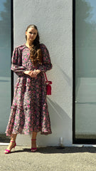 Pink Roses On Grey Frill Detail Dress