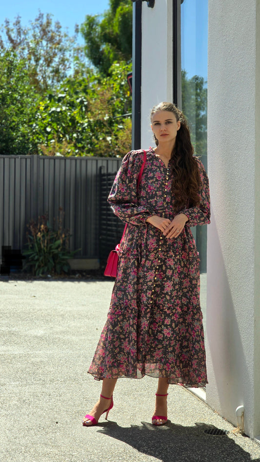 Pink Roses On Grey Frill Detail Dress