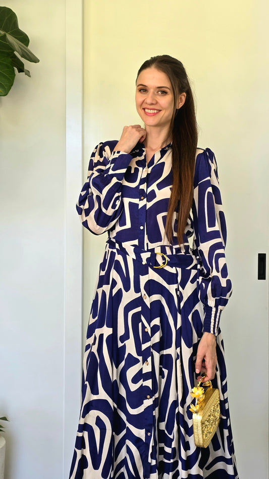 Purple And Off White Abstract Shirt Dress
