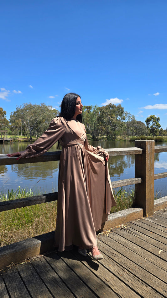 Silken Grace Mud Brown Wrap Dress