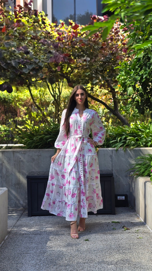 Vintage Pink Rose Lace Tiered Dress