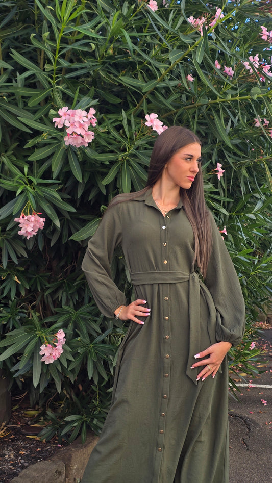 Olive Everyday Elegance Gold-Button Shirt Dress
