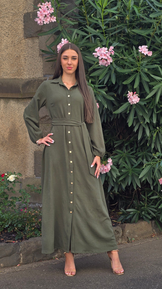 Olive Everyday Elegance Gold-Button Shirt Dress