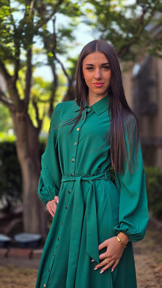 Forest Green Everyday Elegance Gold-Button Shirt Dress