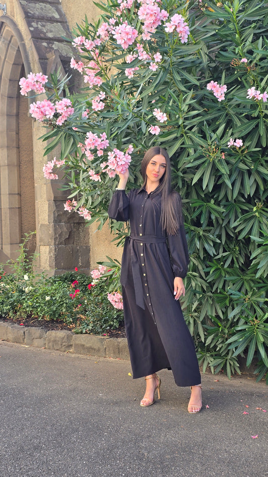 Black Everyday Elegance Gold-Button Shirt Dress