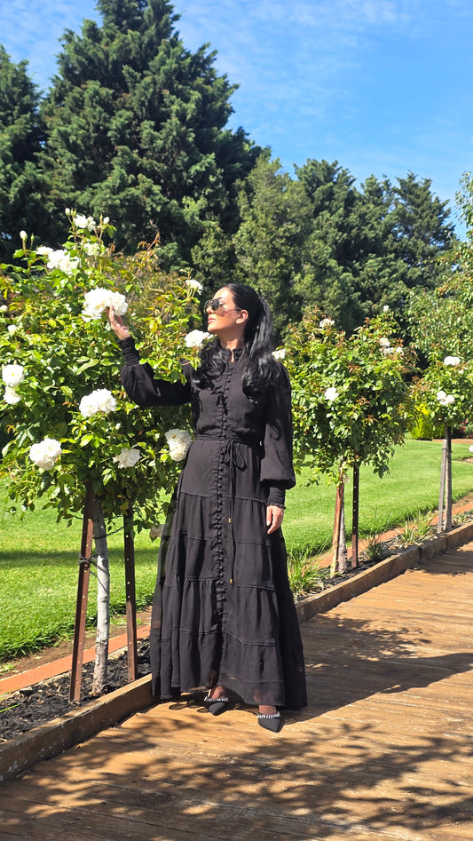 Noir Bloom Lace Tiered Dress