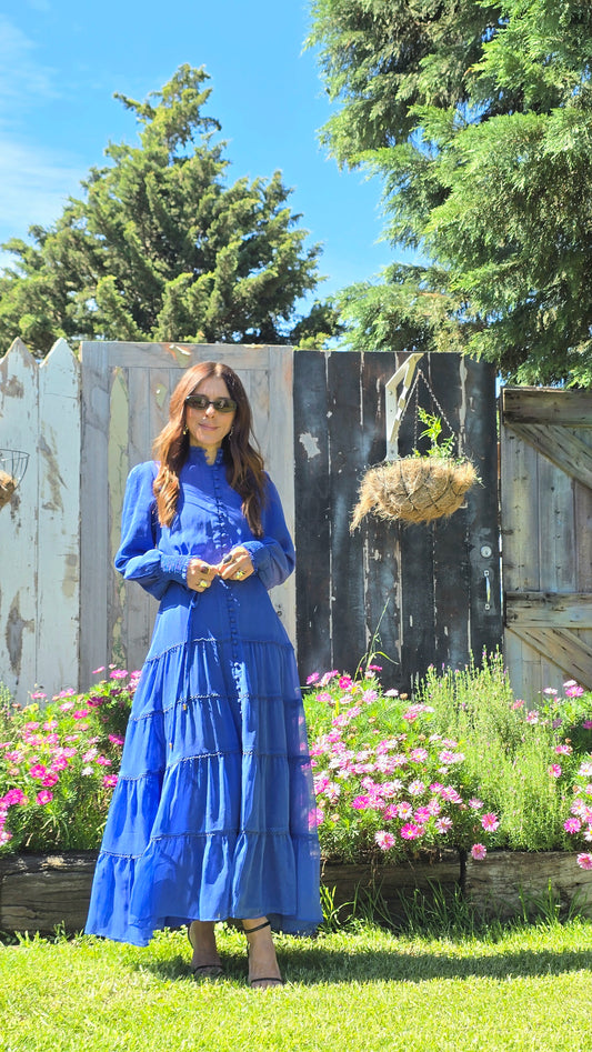 Cobalt Bloom Lace Tiered Dress