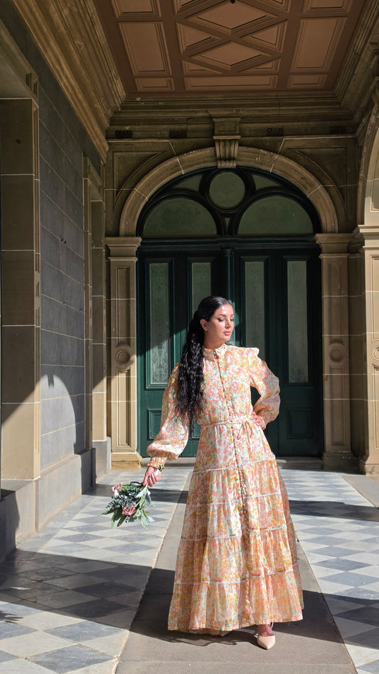 Peach Blossom Lace Tiered Dress