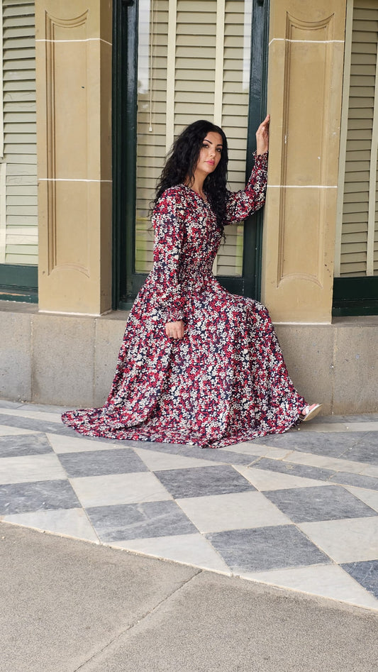 Abstract Textured Print Shirred Waist Dress