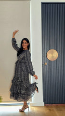Midnight Mosaic Ruffle Maxi Dress
