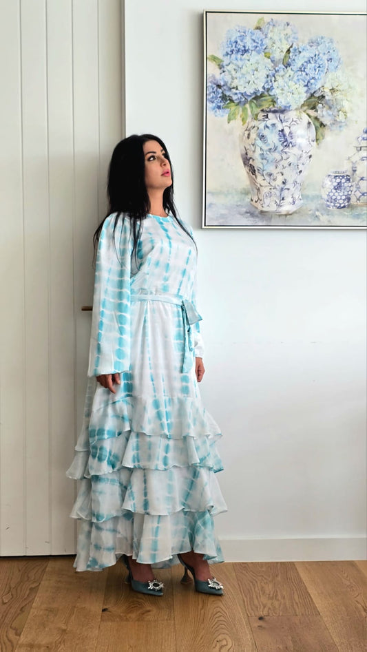 Turquoise Tie and Dye Ruffle Maxi Dress