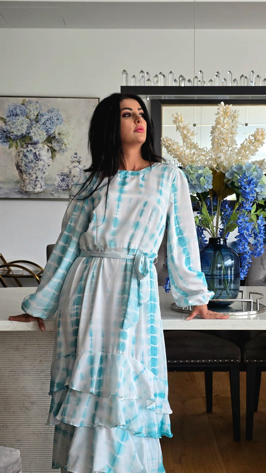Turquoise Tie and Dye Ruffle Maxi Dress