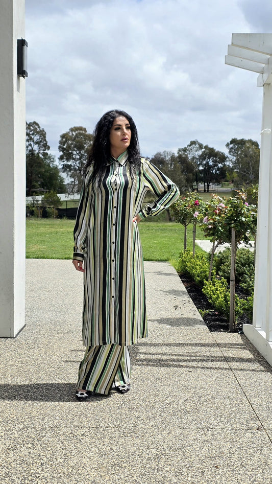 Green Striped Satin Long Coord Set