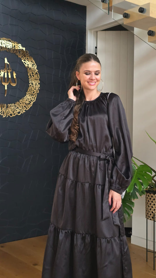 Timeless Black Satin Tiered Dress