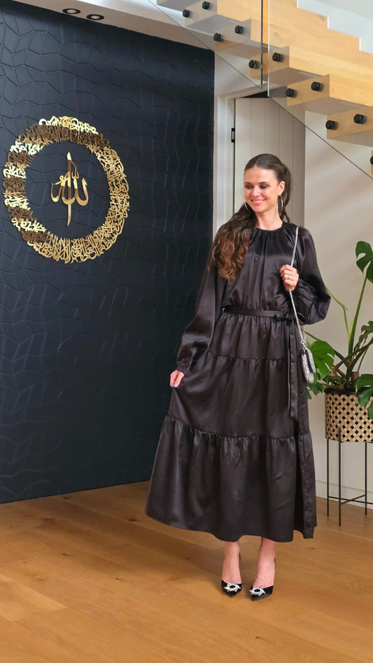 Timeless Black Satin Tiered Dress