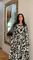 Black and White Geometrical Satin Tiered Dress
