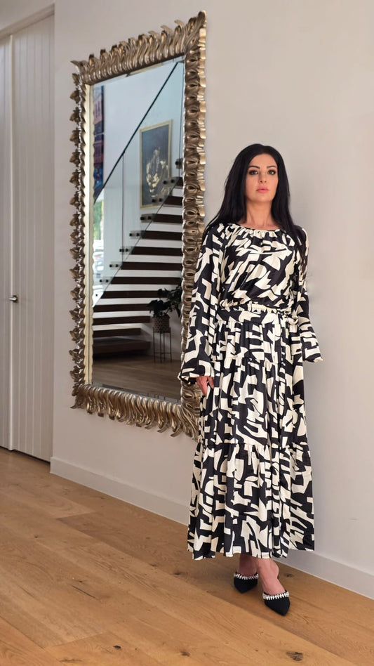 Black and White Geometrical Satin Tiered Dress