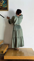 Sage Green Satin Tiered Dress