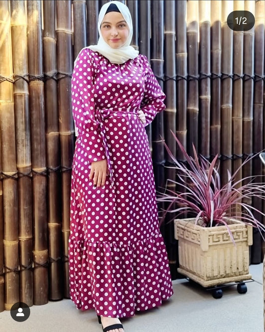 Burgundy Polka Dot Satin Maxi Dress