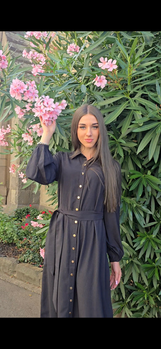 Black Everyday Elegance Gold-Button Shirt Dress