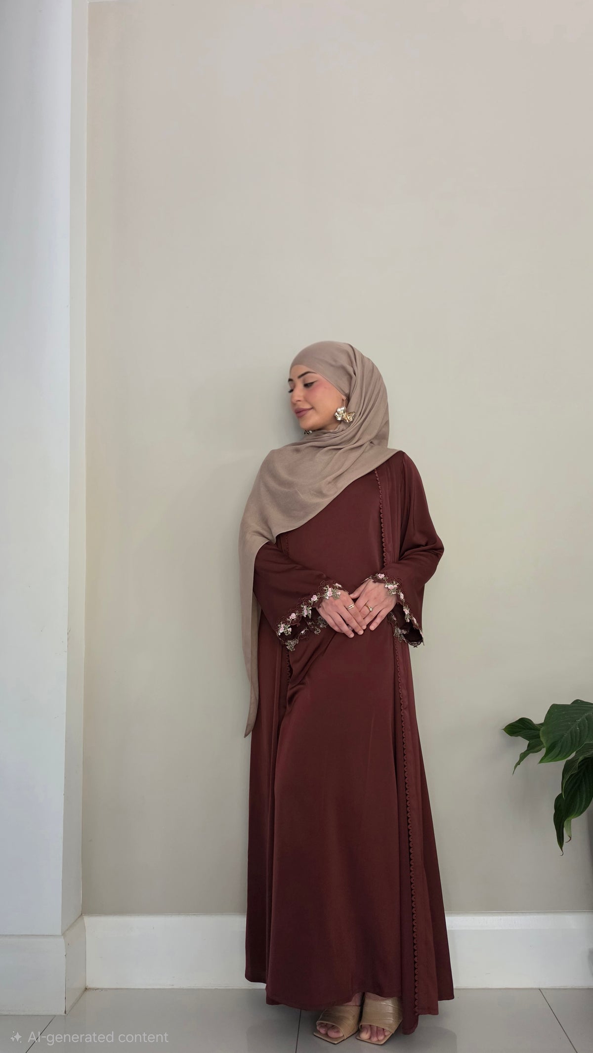 Chocolate Floral Lace Abaya Set