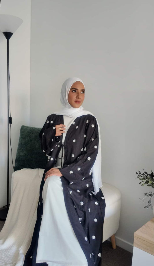 Black Embroidered Linen Abaya