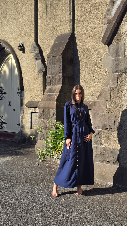 Navy Everyday Gold Button Shirt Dress